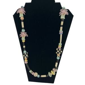 80's Vintage Pastel Palm Tree & Checkerboard Beaded Necklace